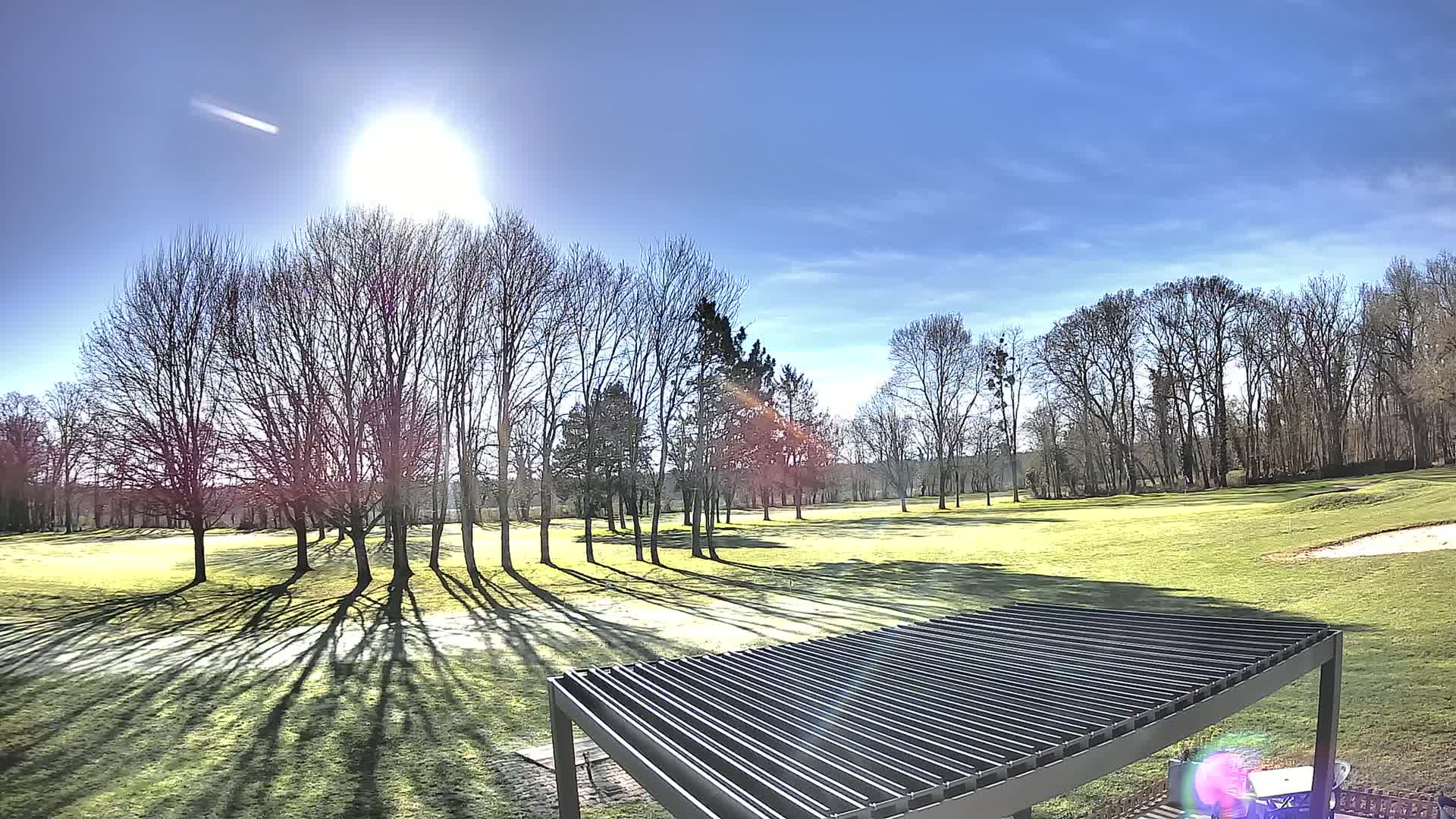 A sunny day reveals a grassy field with bare trees casting long shadows, partially obscured by a slatted pergola in the foreground.