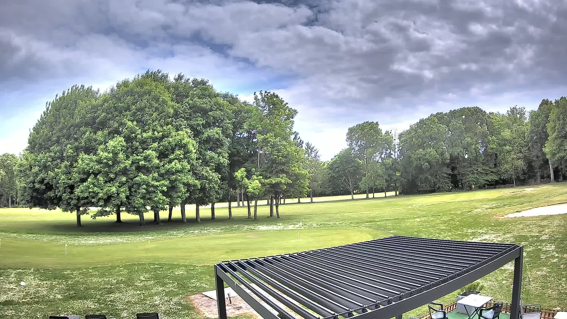 A golf course putting green bordered by lush green trees under a partly cloudy sky.