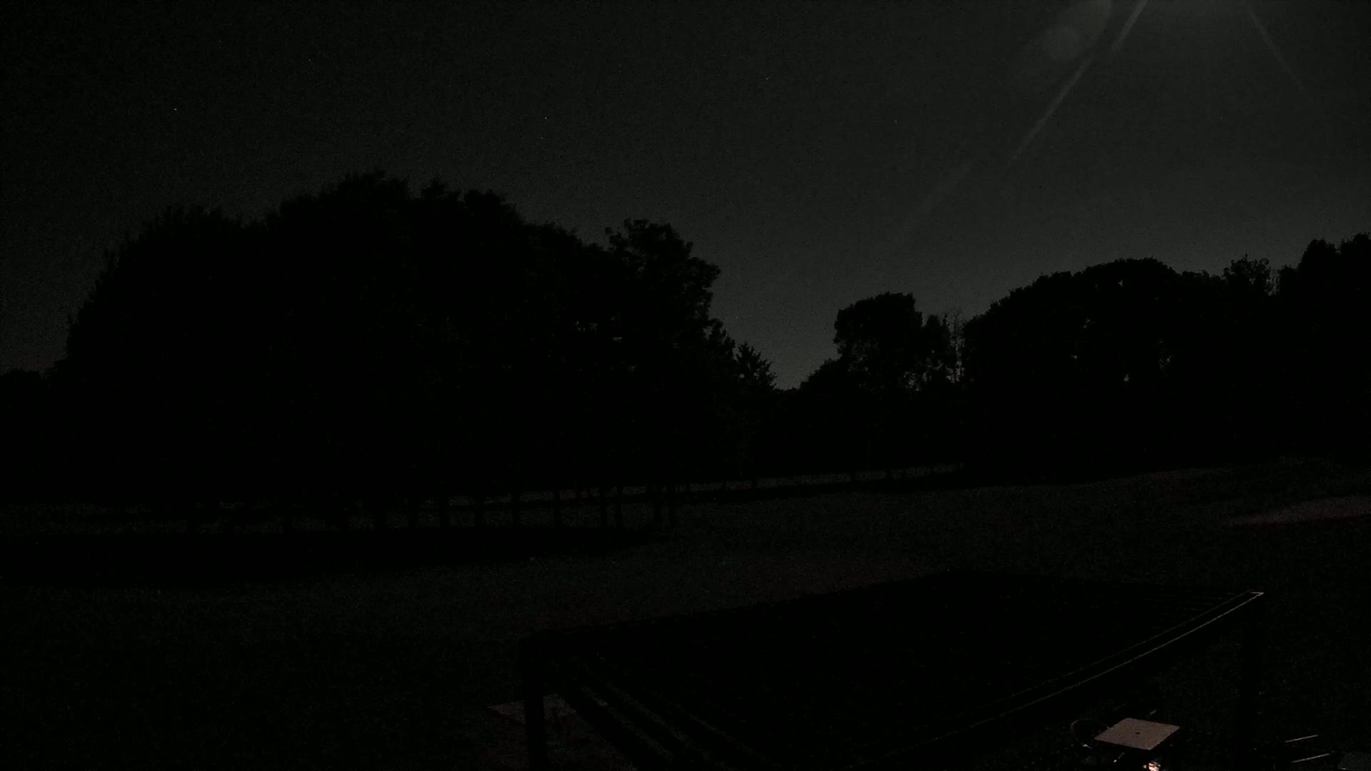 A dark, moonlit night scene shows a line of silhouetted trees against a mostly clear sky.
