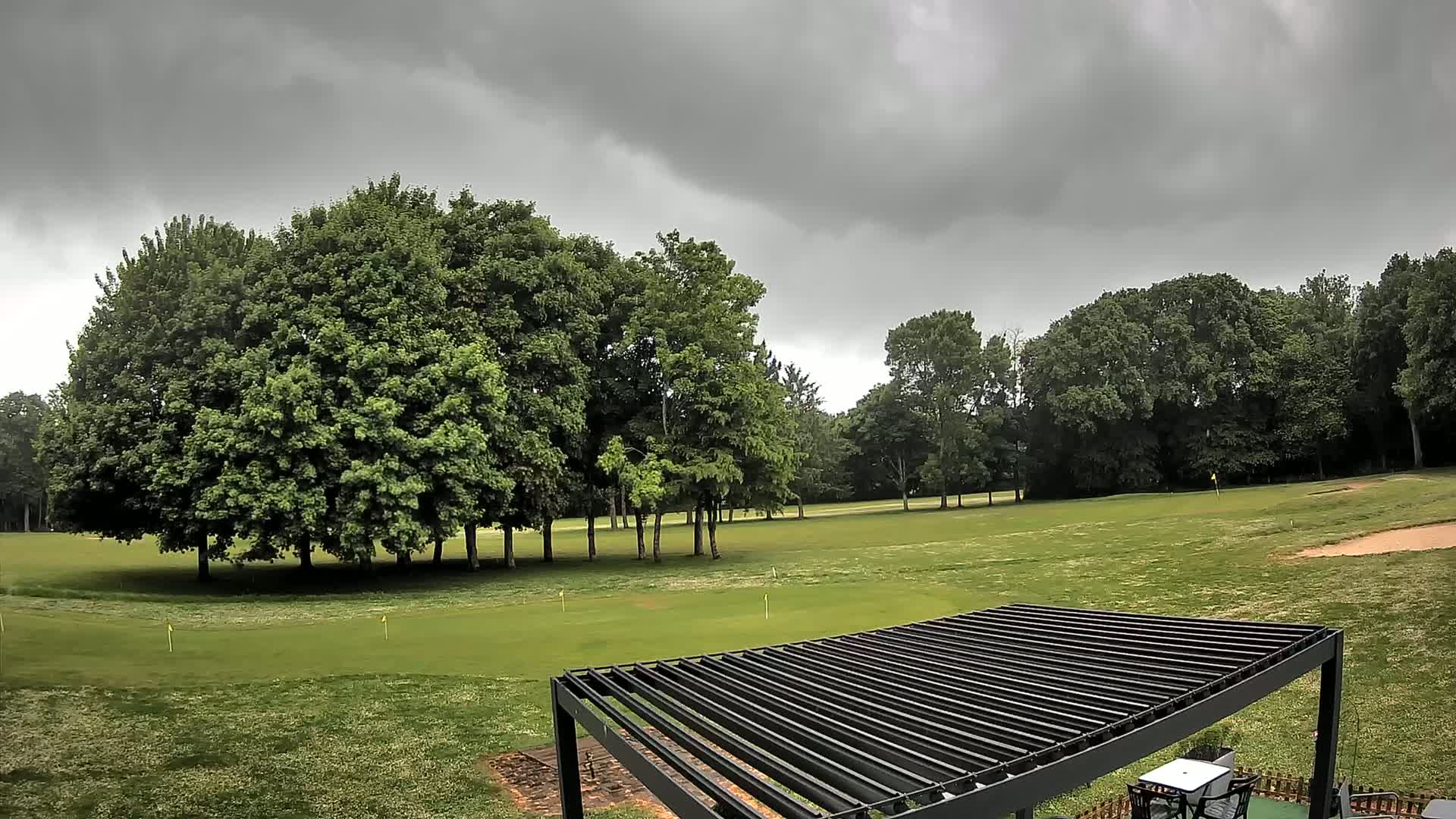 A golf course under a gray, overcast sky features a cluster of lush green trees in the foreground, a putting green, and a dark pergola.