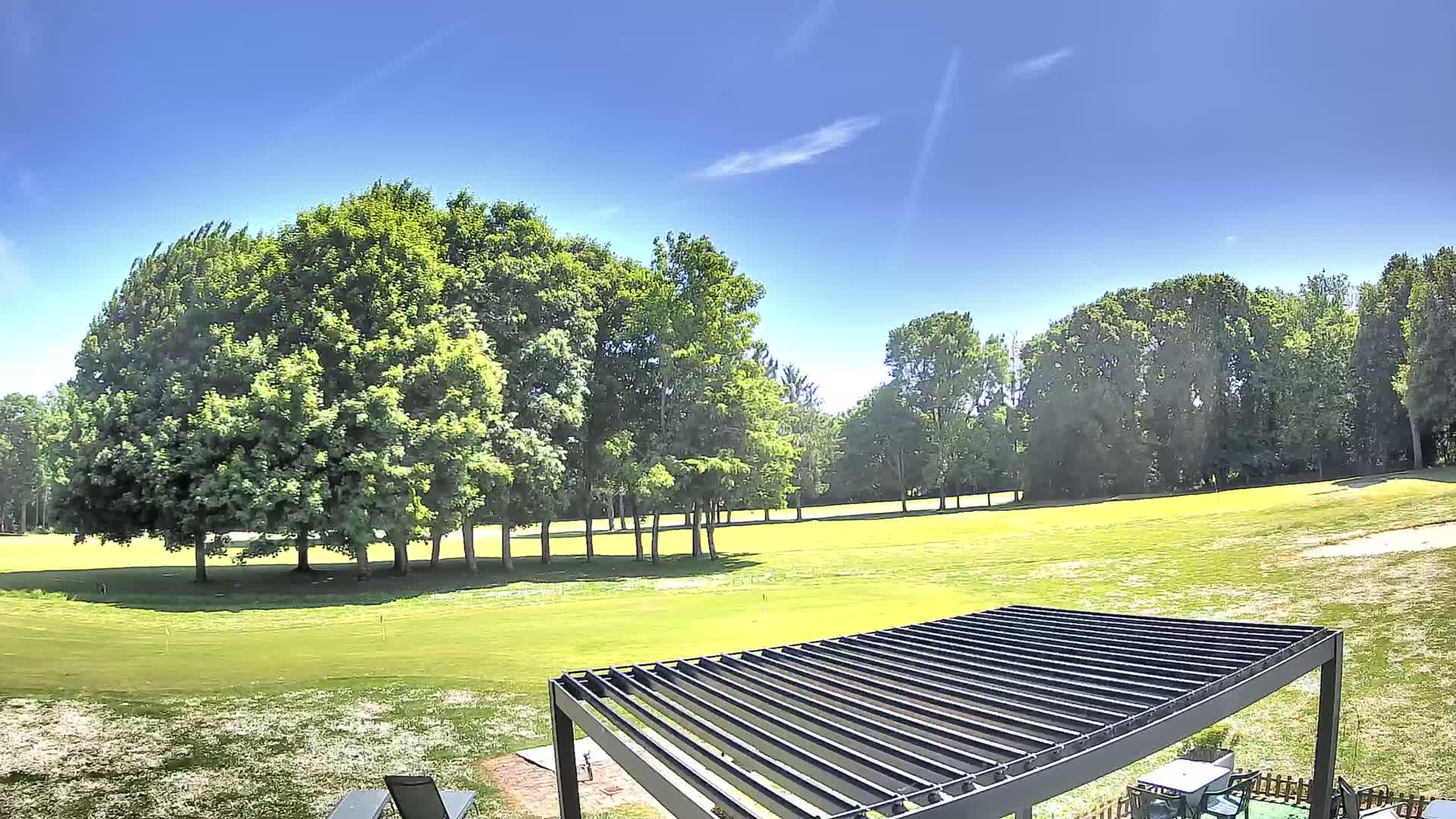 A grassy expanse, possibly a golf course, stretches out beneath a clear blue sky, with a cluster of leafy green trees in the foreground and a dark metal pergola in the bottom right corner.