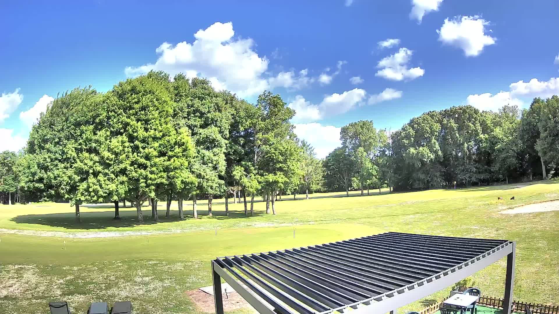 A partly sunny day shows a view of a green golf course surrounded by lush, green trees, with a slatted pergola in the foreground.