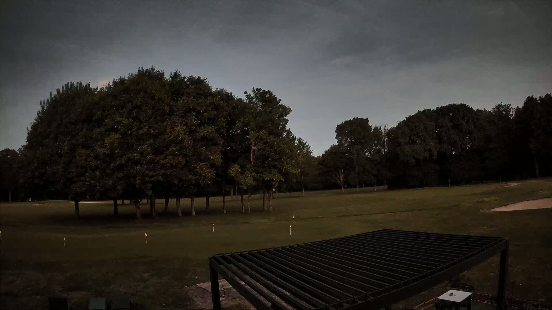 A dark-grey overcast sky hangs over a putting green, bordered by lush green grass and a line of full, dark green trees.