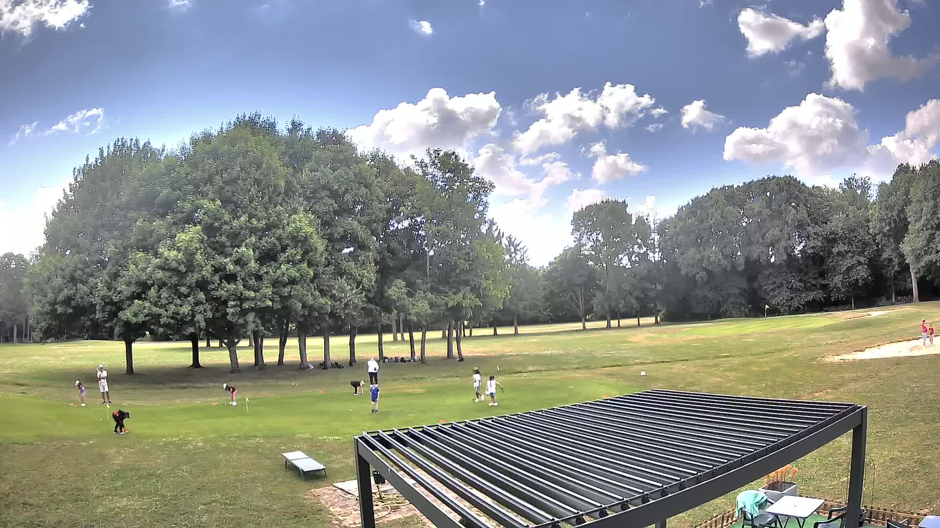Children play golf on a grassy field under a partly cloudy sky, surrounded by tall trees.