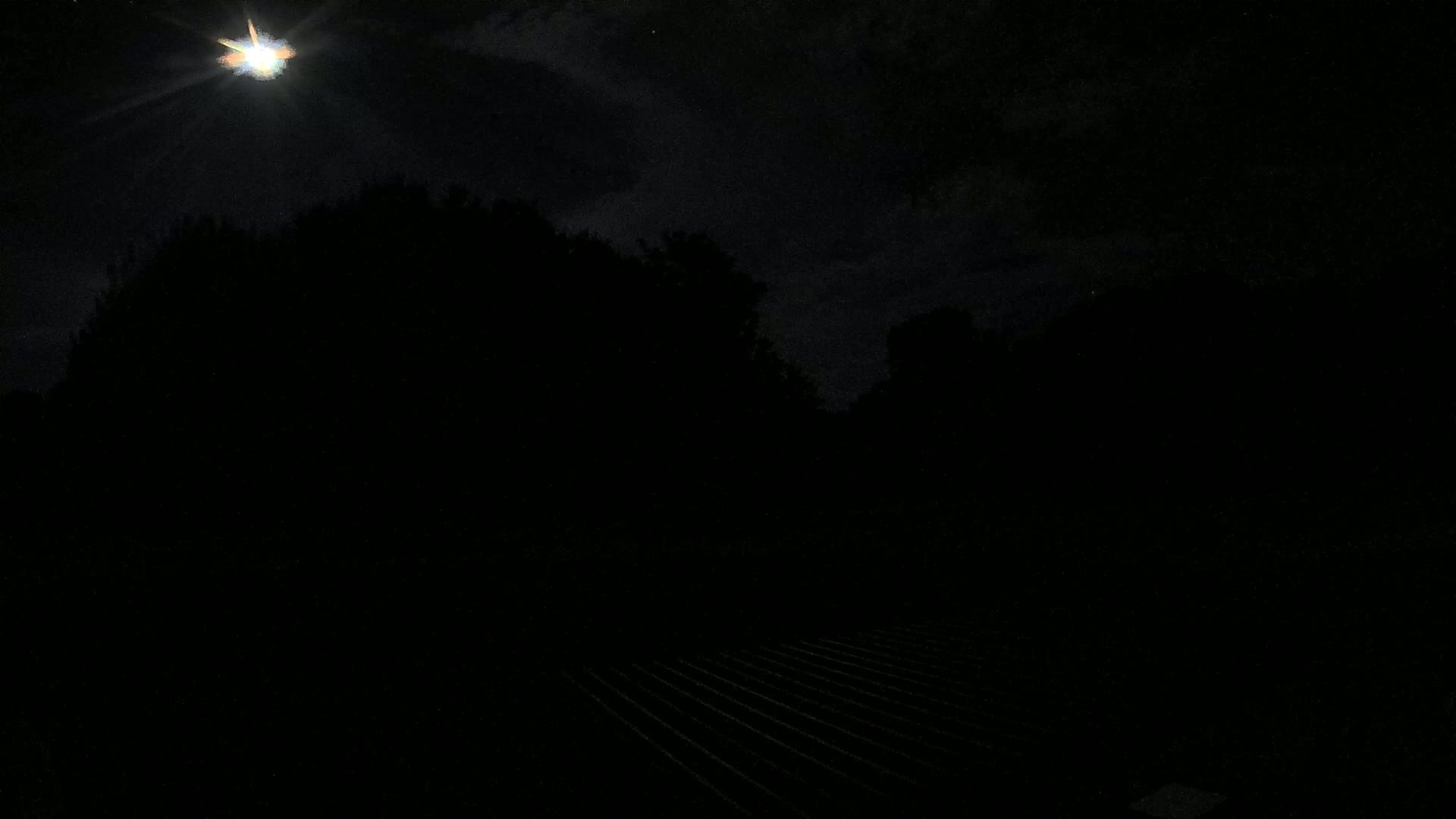 A bright moon shines in a mostly clear night sky over a dark, silhouetted line of trees and a corrugated roof.