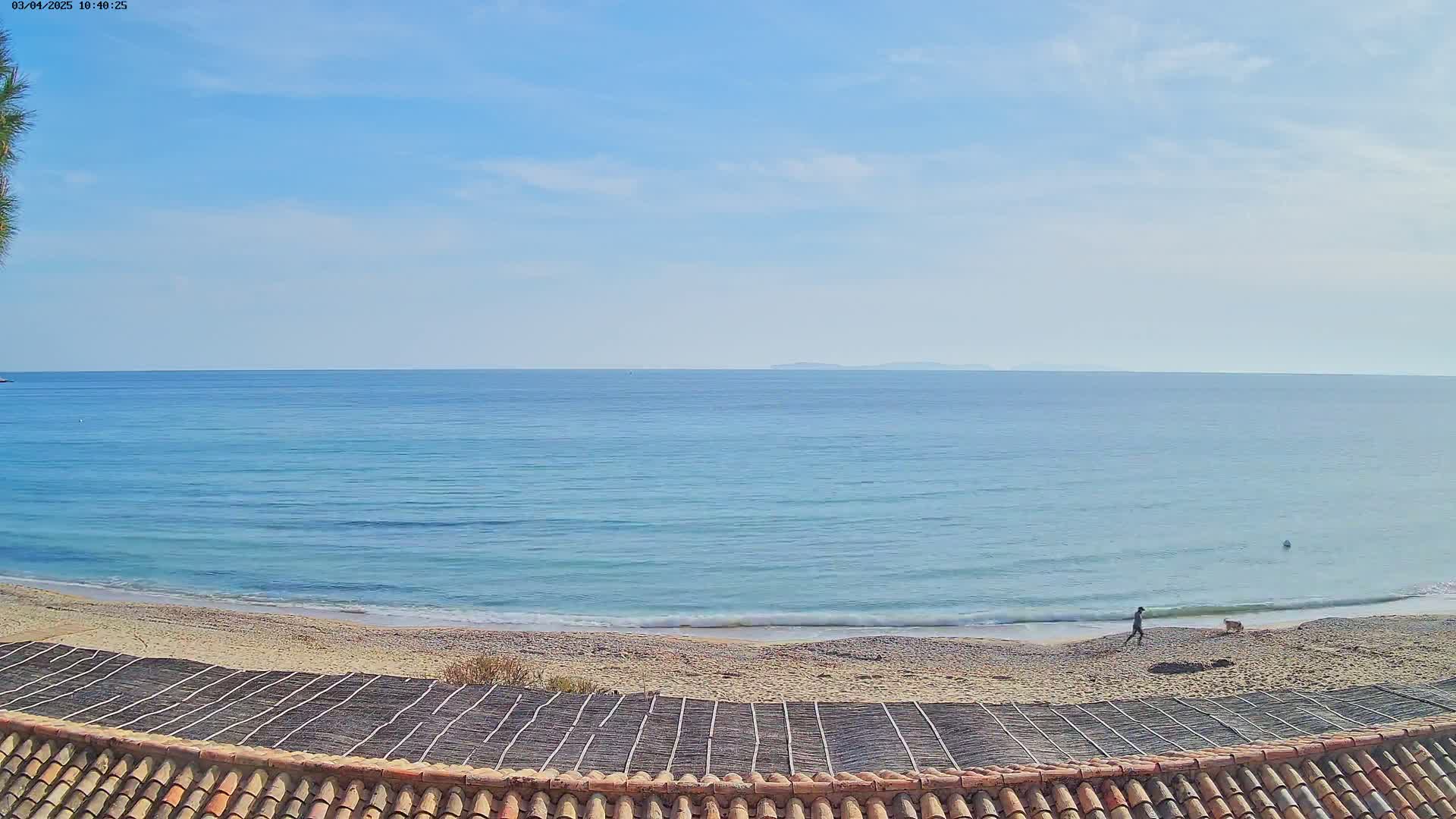 A person walks a dog on a sandy beach overlooking a calm, light-blue ocean under a mostly clear sky.