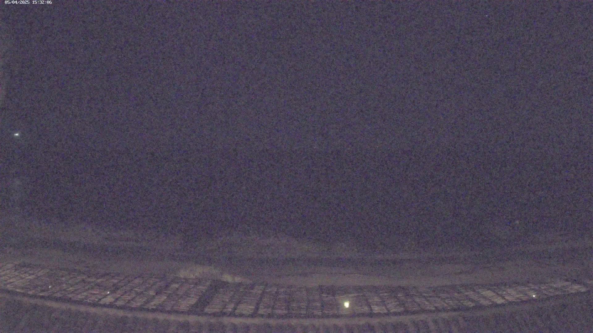 A nighttime, low-light image shows a large, flat expanse of land divided into rows under a dark sky.
