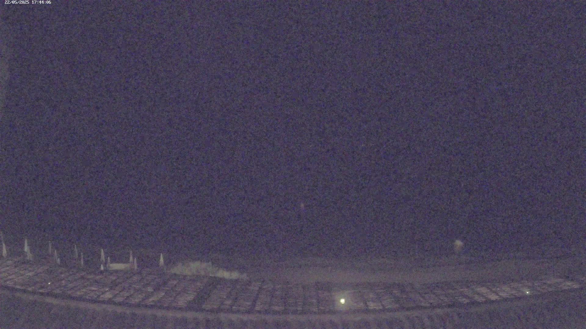 A nighttime, low-light view of a large, dark expanse possibly a field or parking lot with indistinct, regularly spaced objects, under a dark, clear sky.