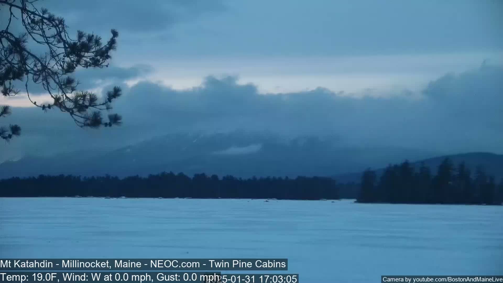 A snow-covered lake is visible, with dark, distant mountains under a cloudy, dusky blue sky; a tree branch is in the foreground.