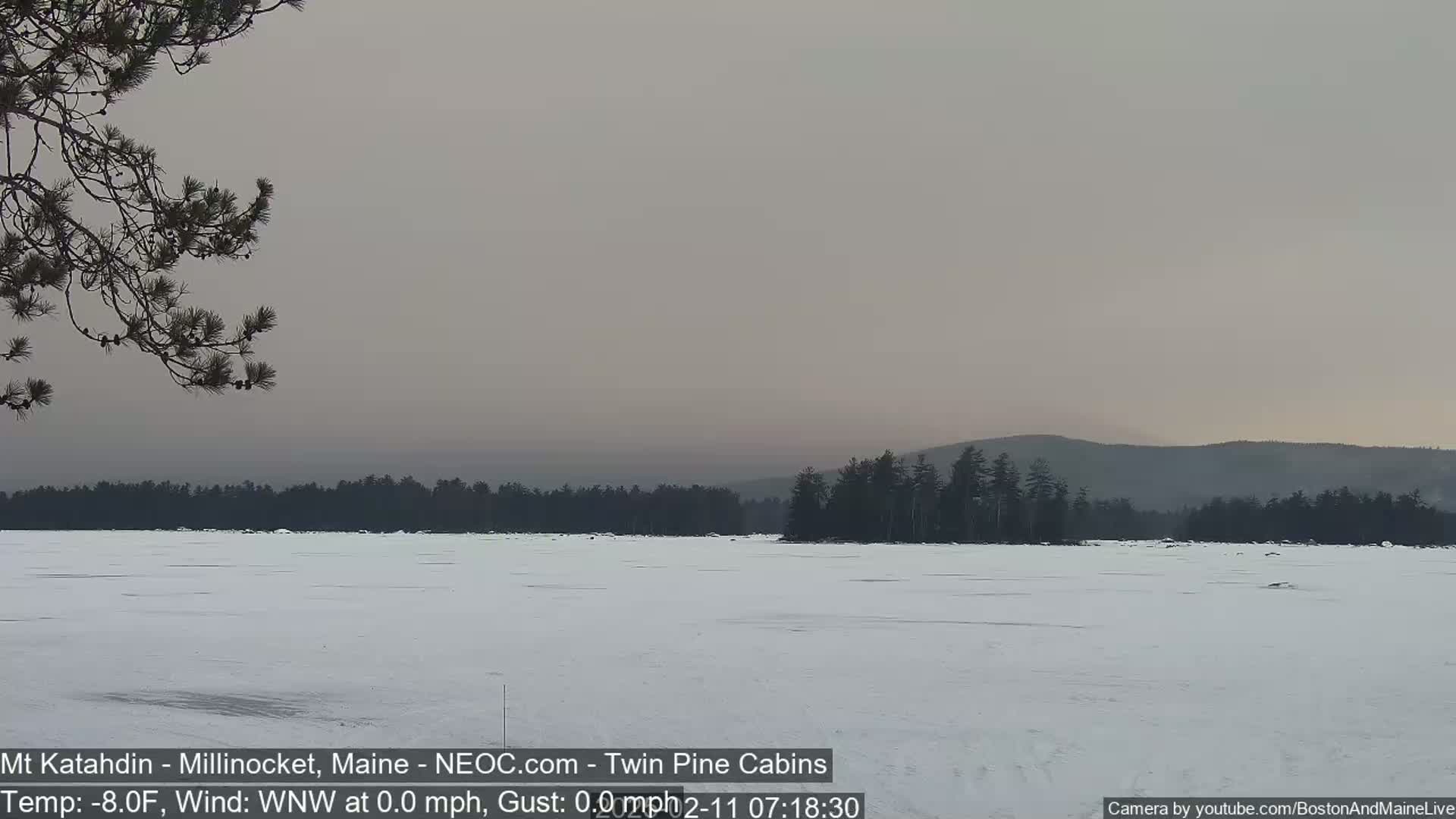 A snow-covered frozen lake stretches to a dark treeline under a calm, overcast sky.