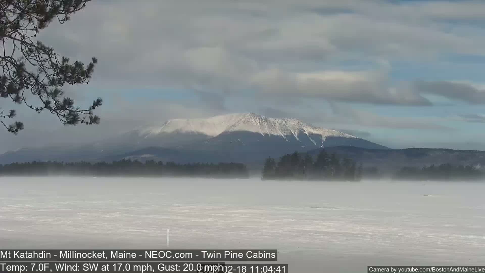 A snow-covered mountain is visible in the distance across a flat, snow-covered expanse of land under a mostly cloudy sky, with a light fog or mist hanging over the foreground, in windy, cold conditions.
