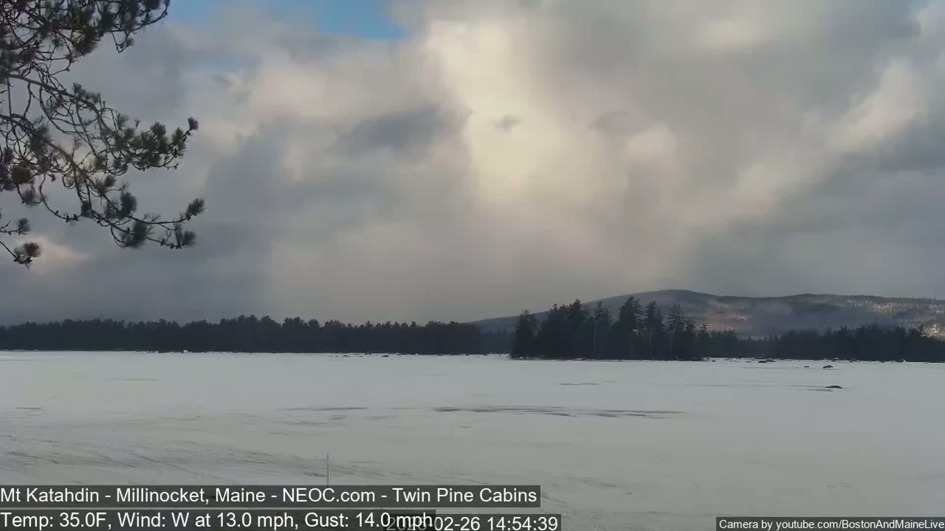 A snow-covered frozen lake stretches to a treeline under a cloudy sky with a slight wind.