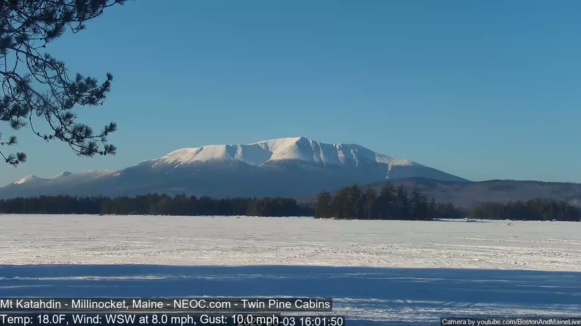 A snow-covered mountain range is visible in the distance across a frozen lake under a clear blue sky.
