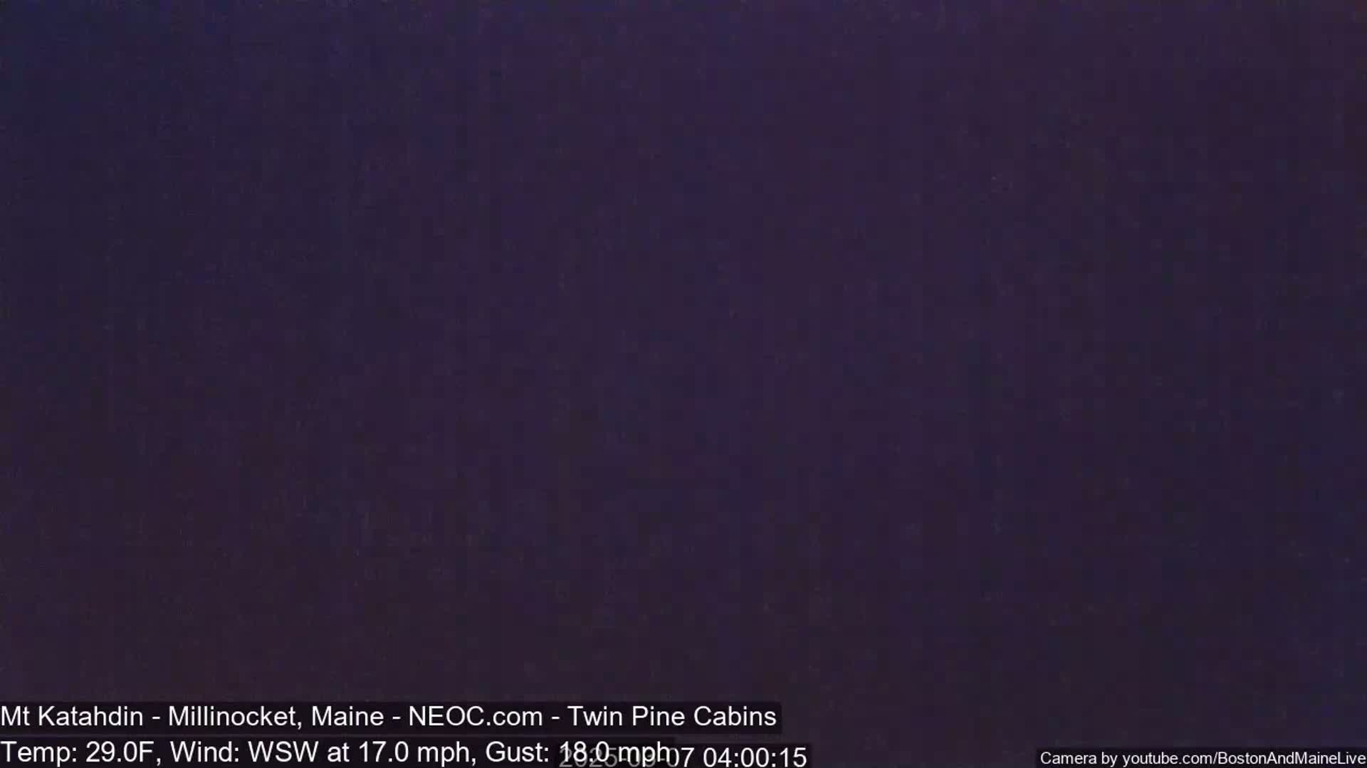 A dark purple screen shows a nighttime outdoor scene with a temperature of 29 degrees Fahrenheit and a wind blowing from the west-southwest at 17 miles per hour, gusting to 18 miles per hour.