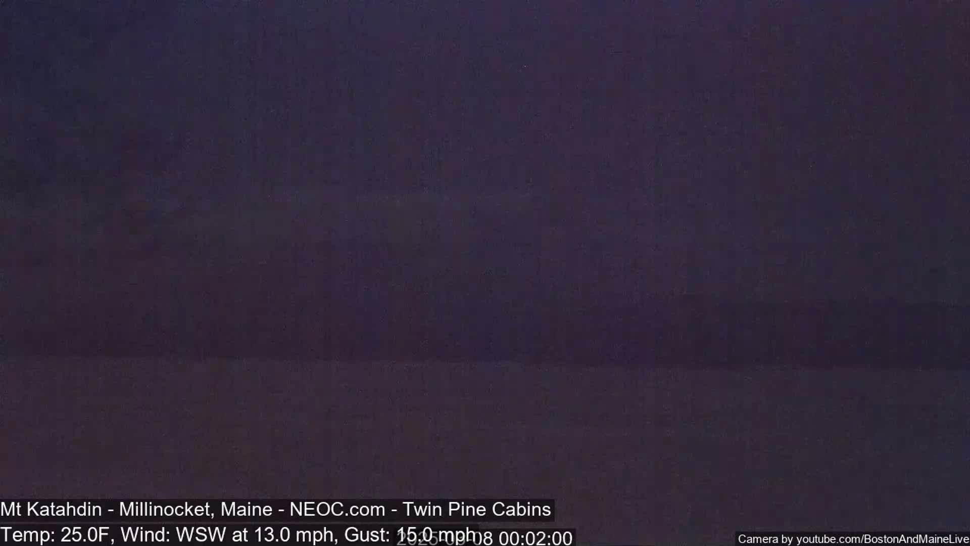 A dark, nighttime outdoor scene with a wind of 13 mph from the west-southwest and gusts up to 15 mph, and a temperature of 25 degrees Fahrenheit.
