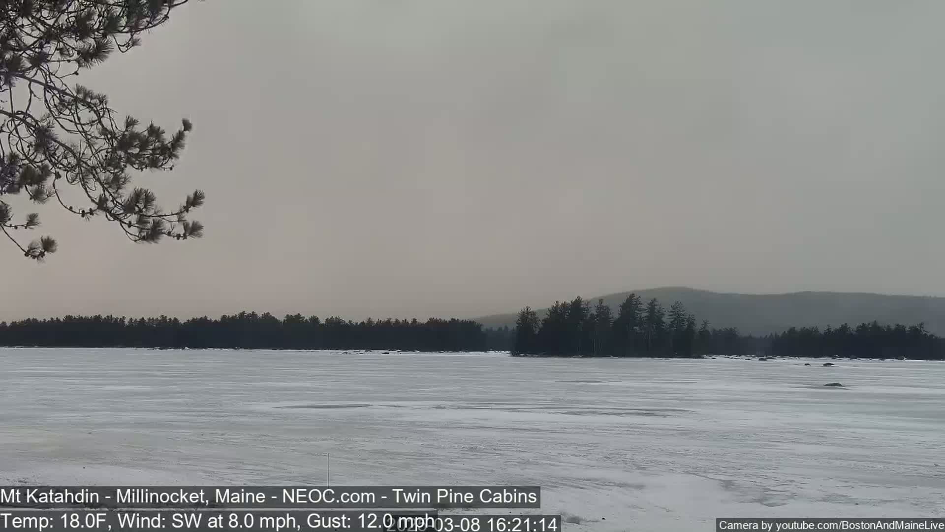 A frozen lake stretches out to a distant, hazy line of trees and hills under an overcast sky.