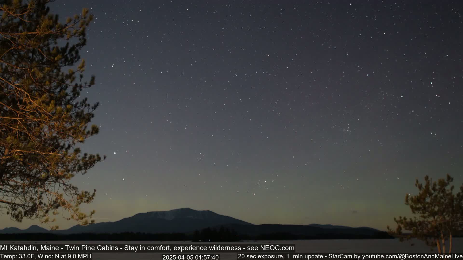 A nighttime landscape shows a starry sky over a mountain range, silhouetted against the twilight, with dark pine trees in the foreground, a light breeze present.