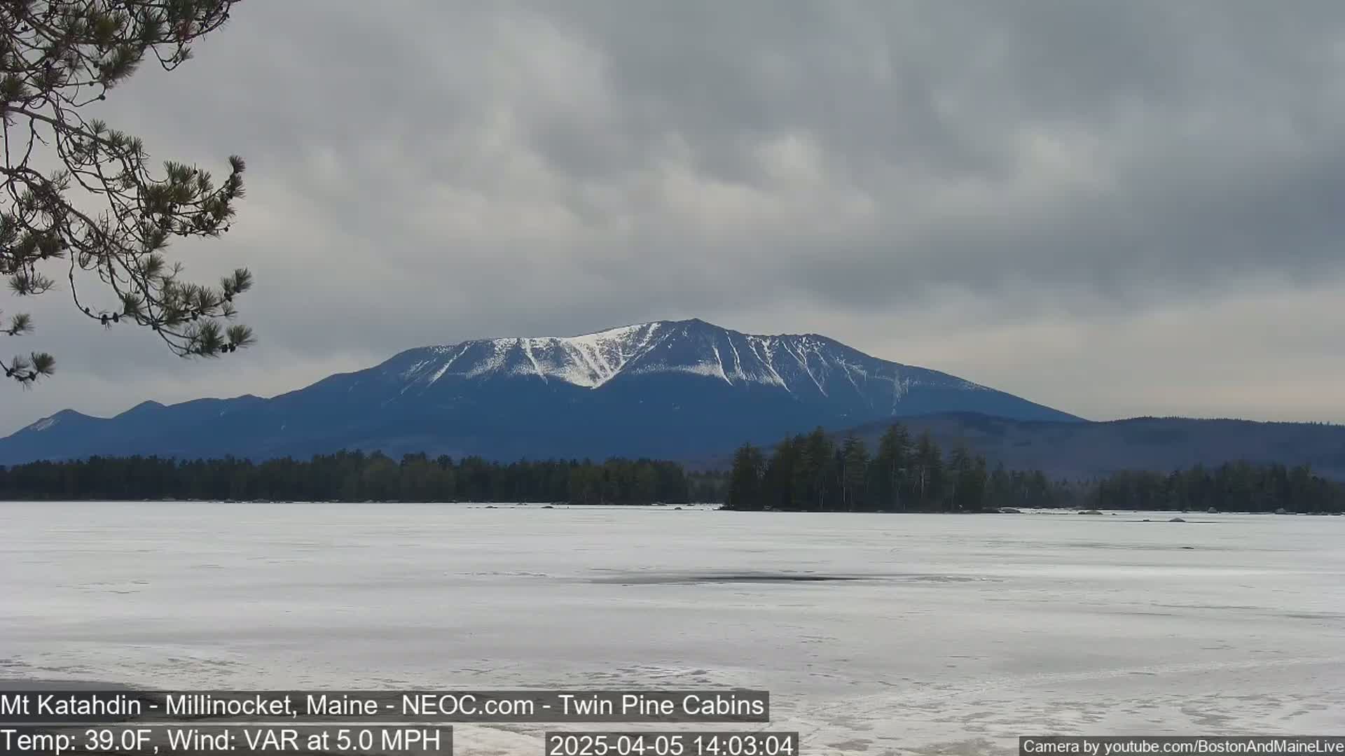 A snow-capped mountain range is visible in the distance across a frozen lake under an overcast sky.