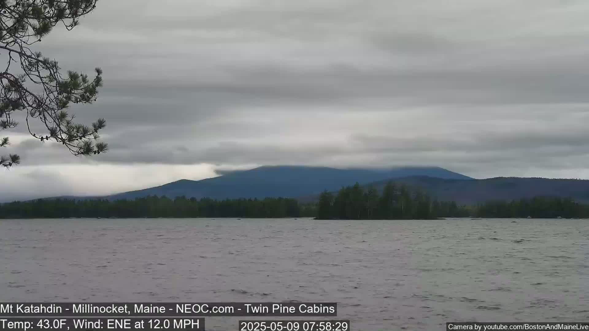 A calm lake with a forested shoreline and mountains in the distance under an overcast sky.