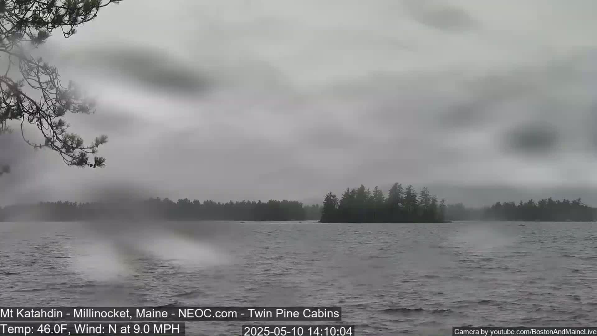A rain-swept lake is seen with a small island covered in trees in the distance under an overcast sky.