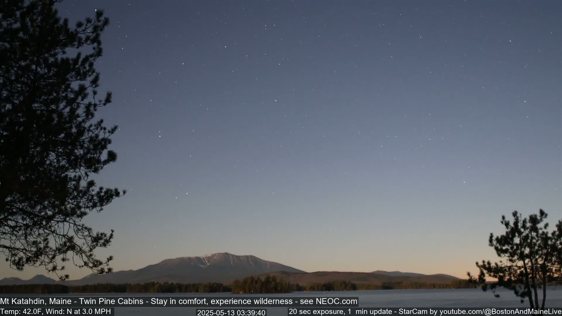 Under a clear, starry night sky, a mountain range is silhouetted against a twilight sky, with dark pine trees in the foreground and a calm body of water at the base of the mountains.