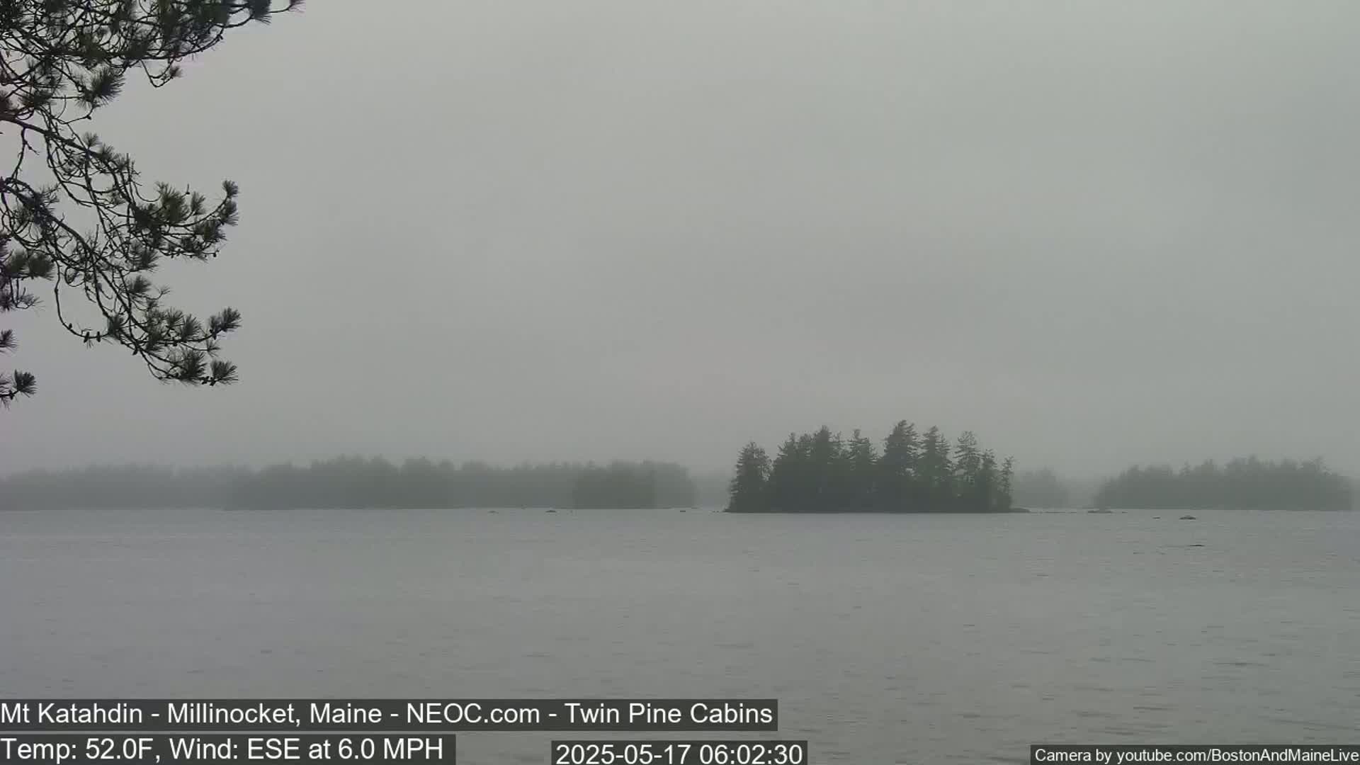 A foggy lake scene shows a small island with dark trees in the distance, under a gray sky.