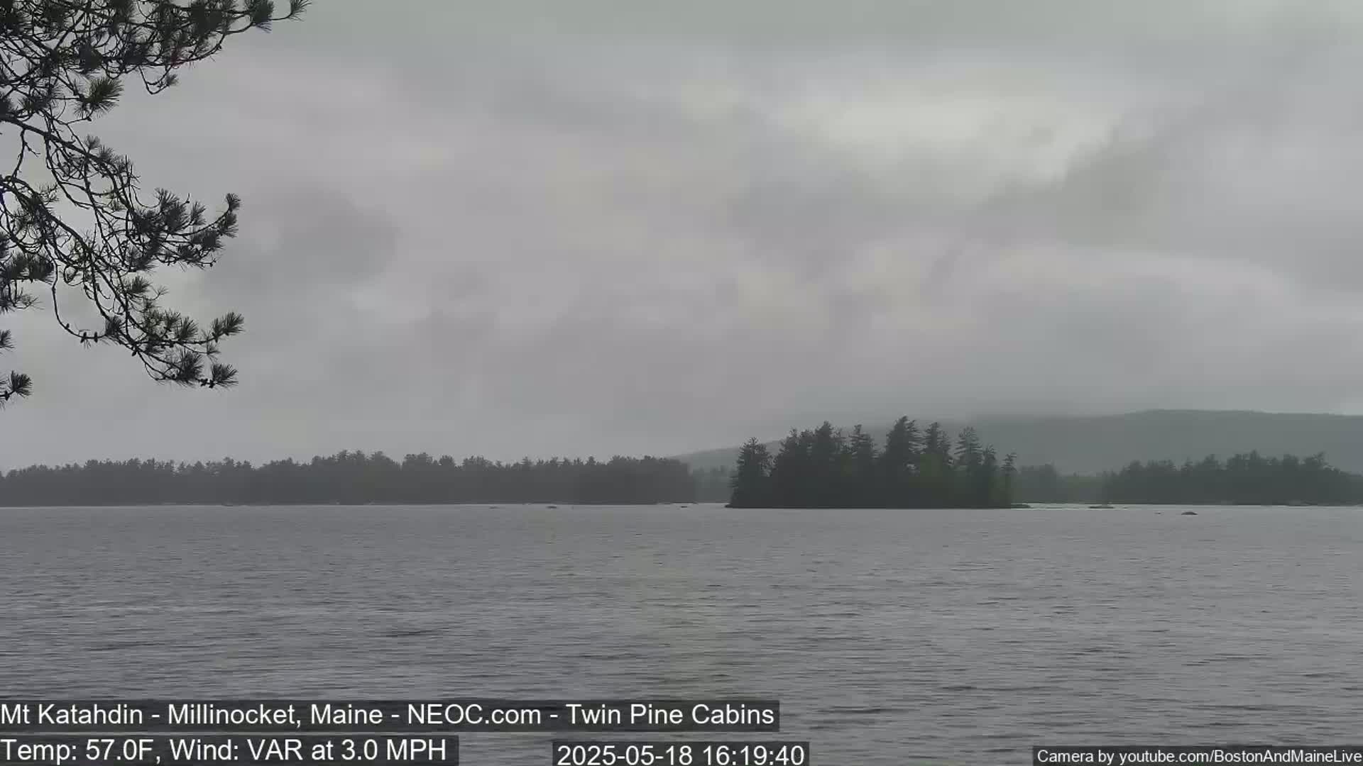 A calm lake with a tree-lined shore is visible under an overcast sky.