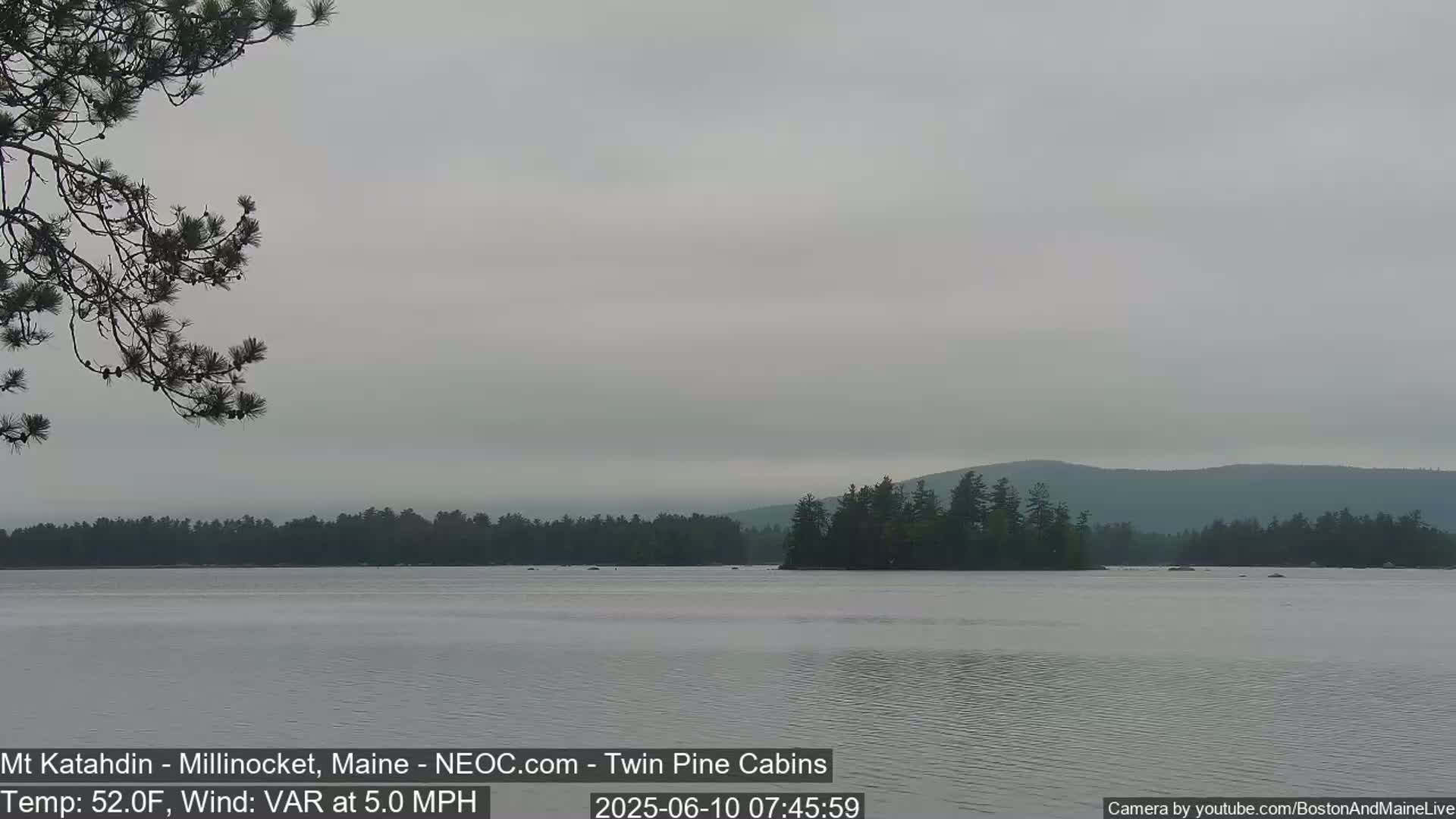 A calm lake under an overcast sky is viewed from a lakeshore, with a small island covered in evergreen trees in the mid-ground and larger forested hills in the background.