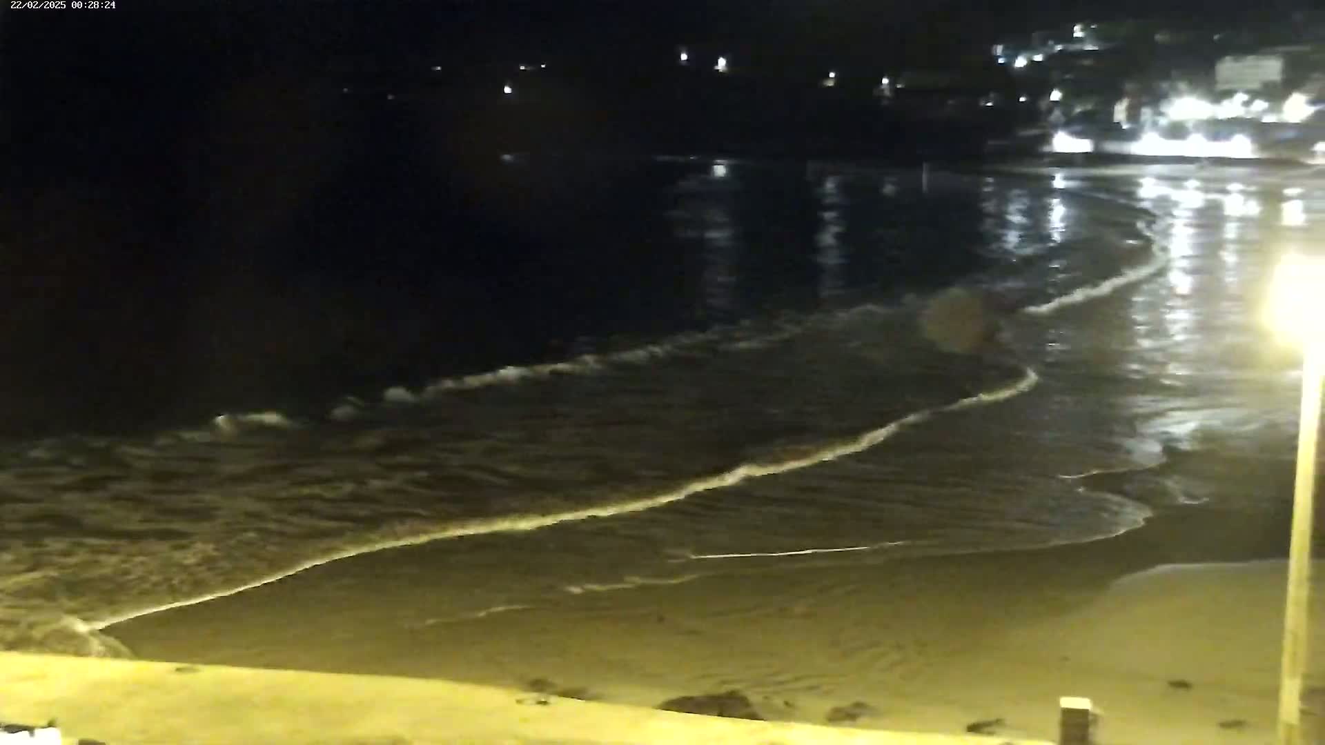 Gentle waves lap a sandy beach at night under a dark sky, illuminated by distant lights.