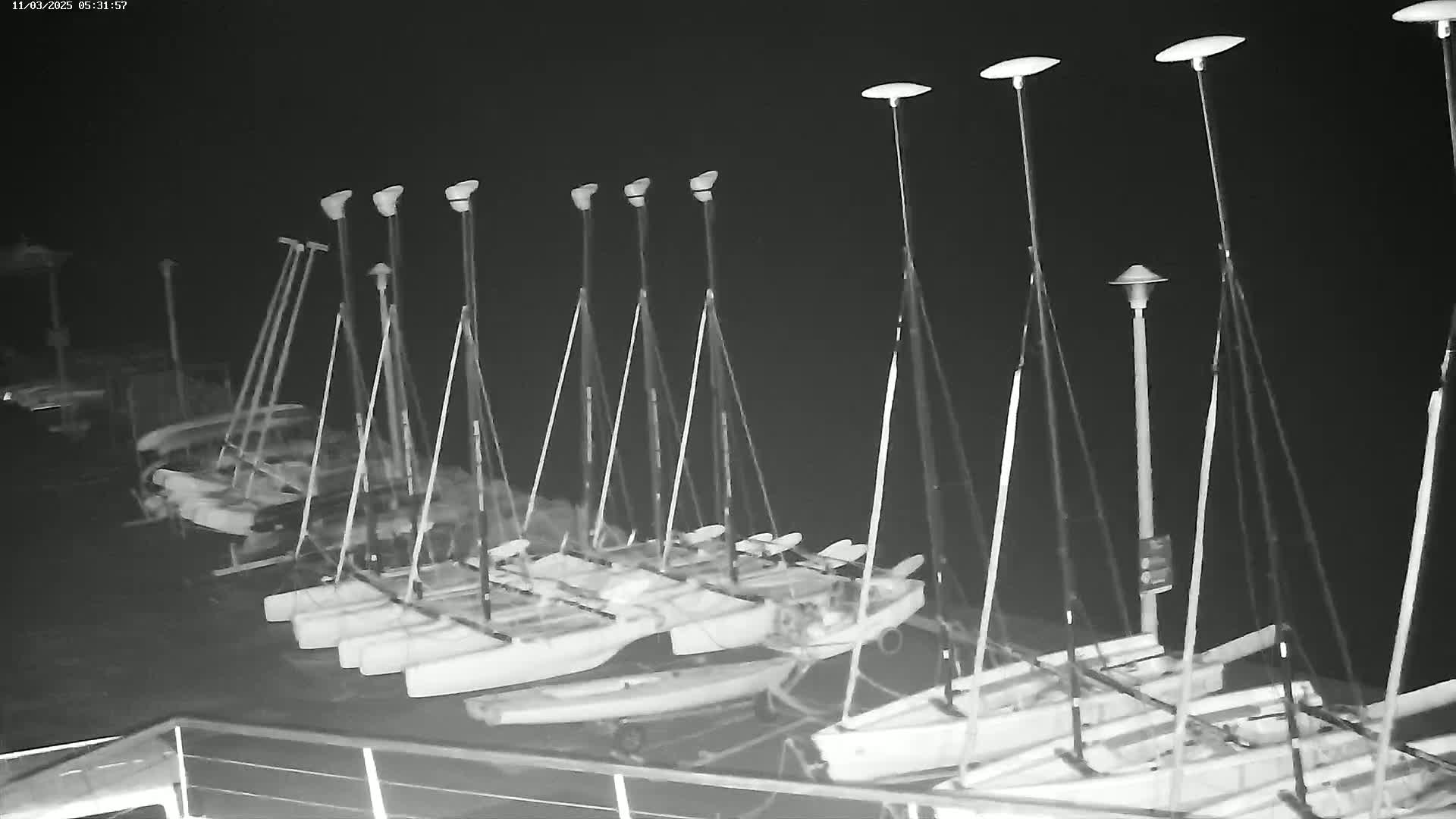 A row of small sailboats is docked at night under several tall lights.