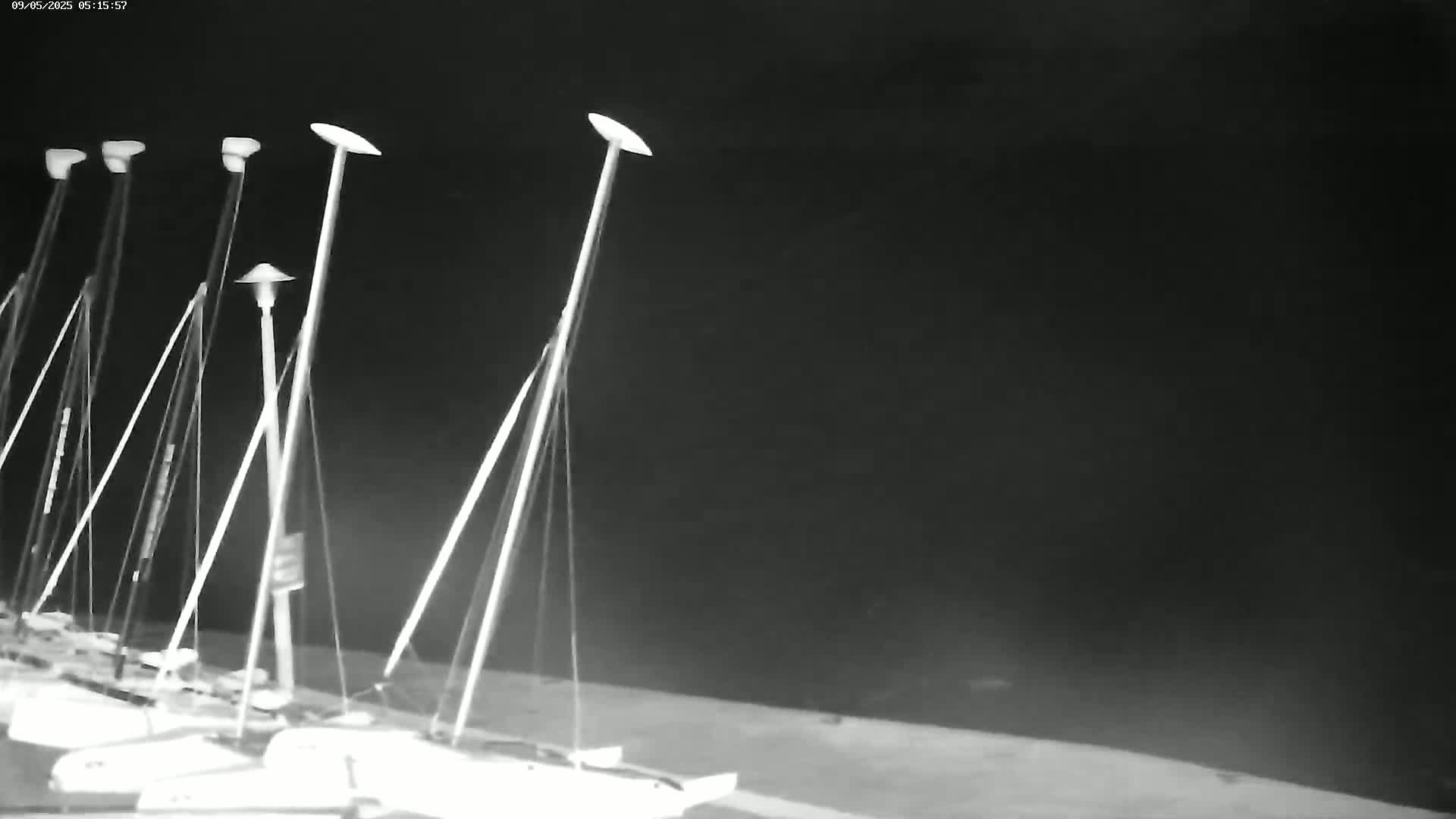 Several sailboats are docked at night under a dark, possibly overcast sky.
