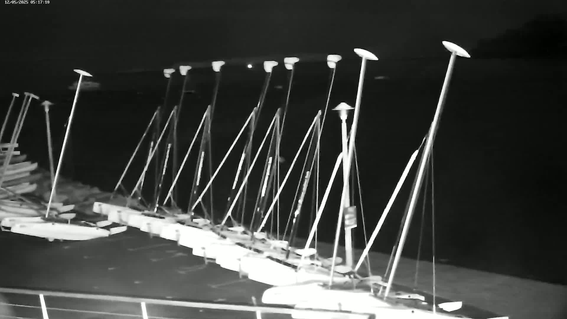 Many sailboats are docked at a marina at night under a dark sky.