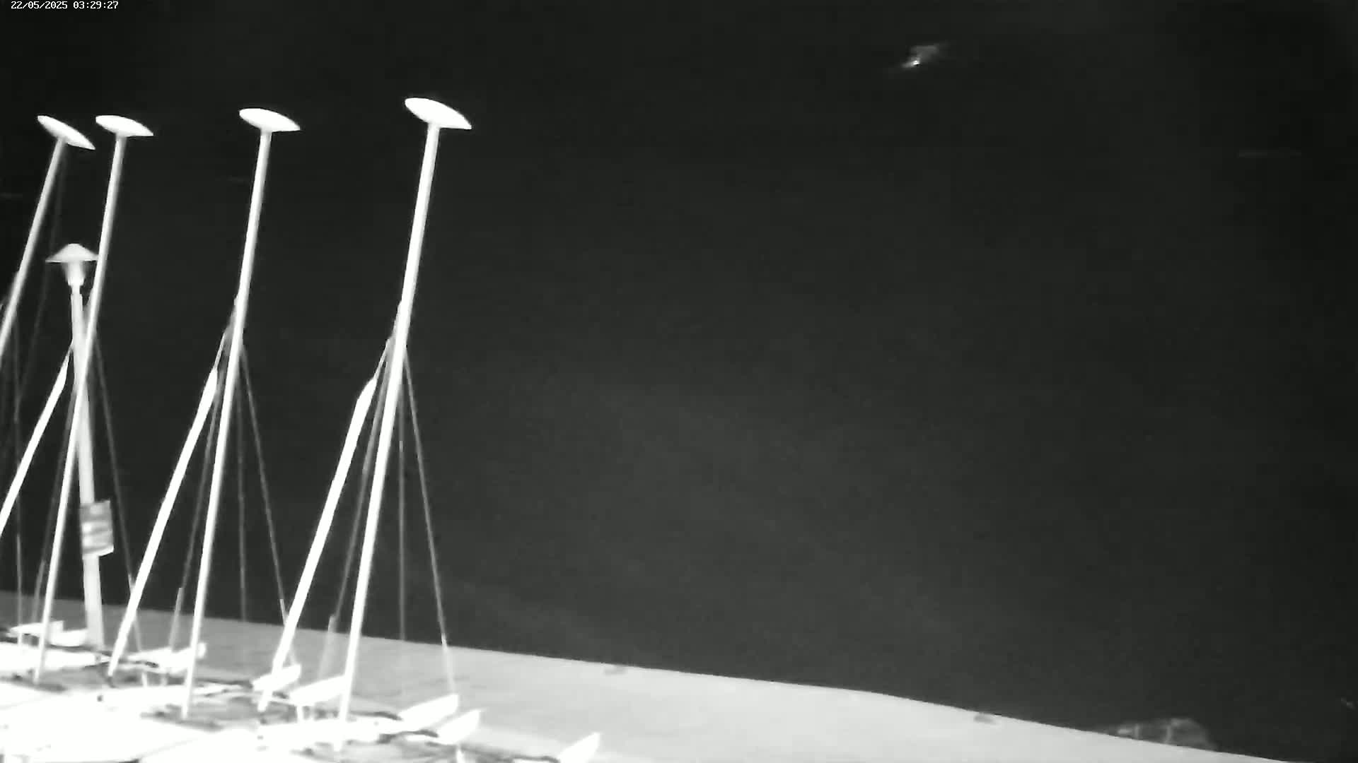 Several sailboats are moored at a dock under a dark, clear night sky.