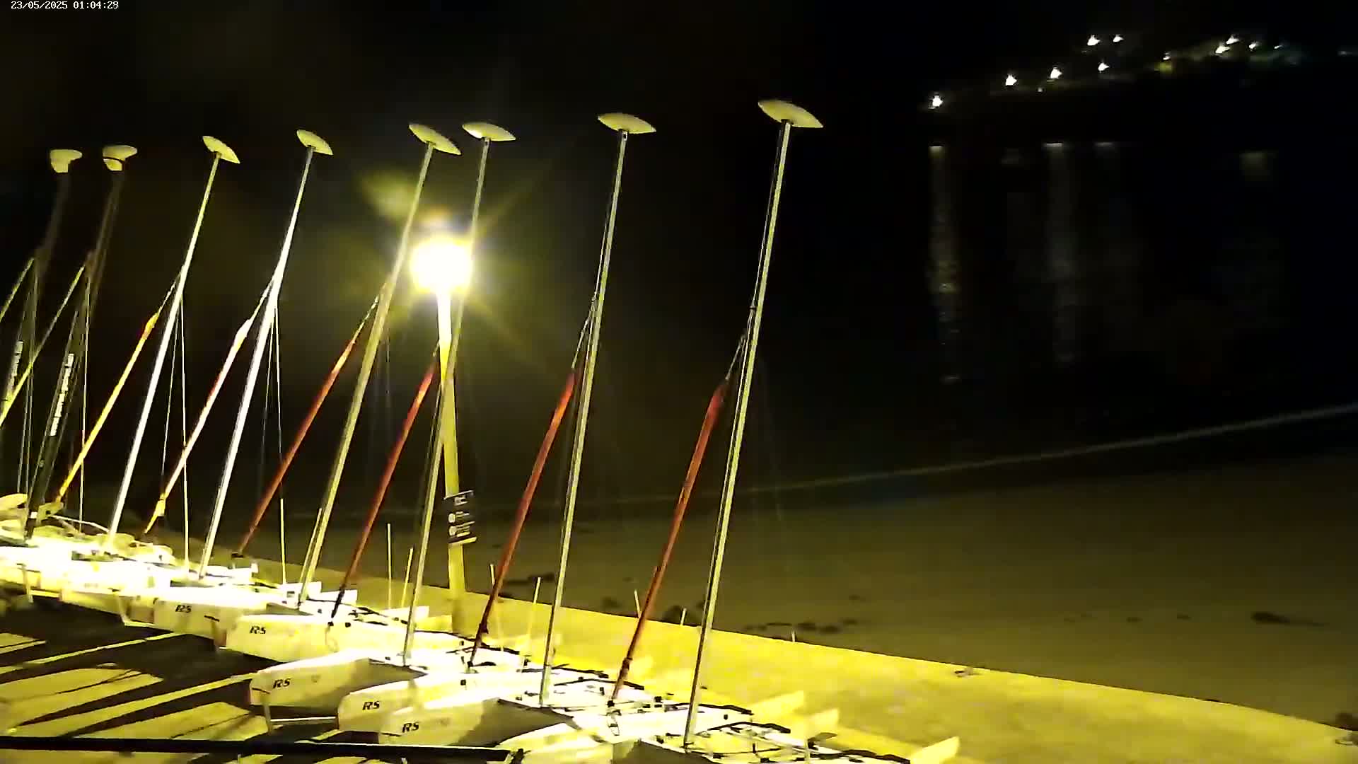 Several sailboats are docked at a waterfront at night under artificial light.