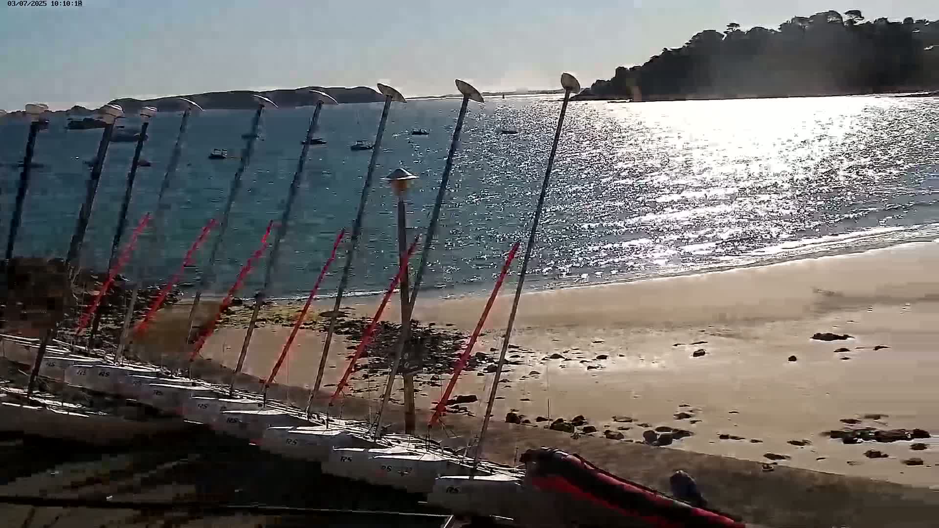 Numerous sailboats are beached on a sandy shore next to a calm, sunlit body of water, with a small island visible in the distance.