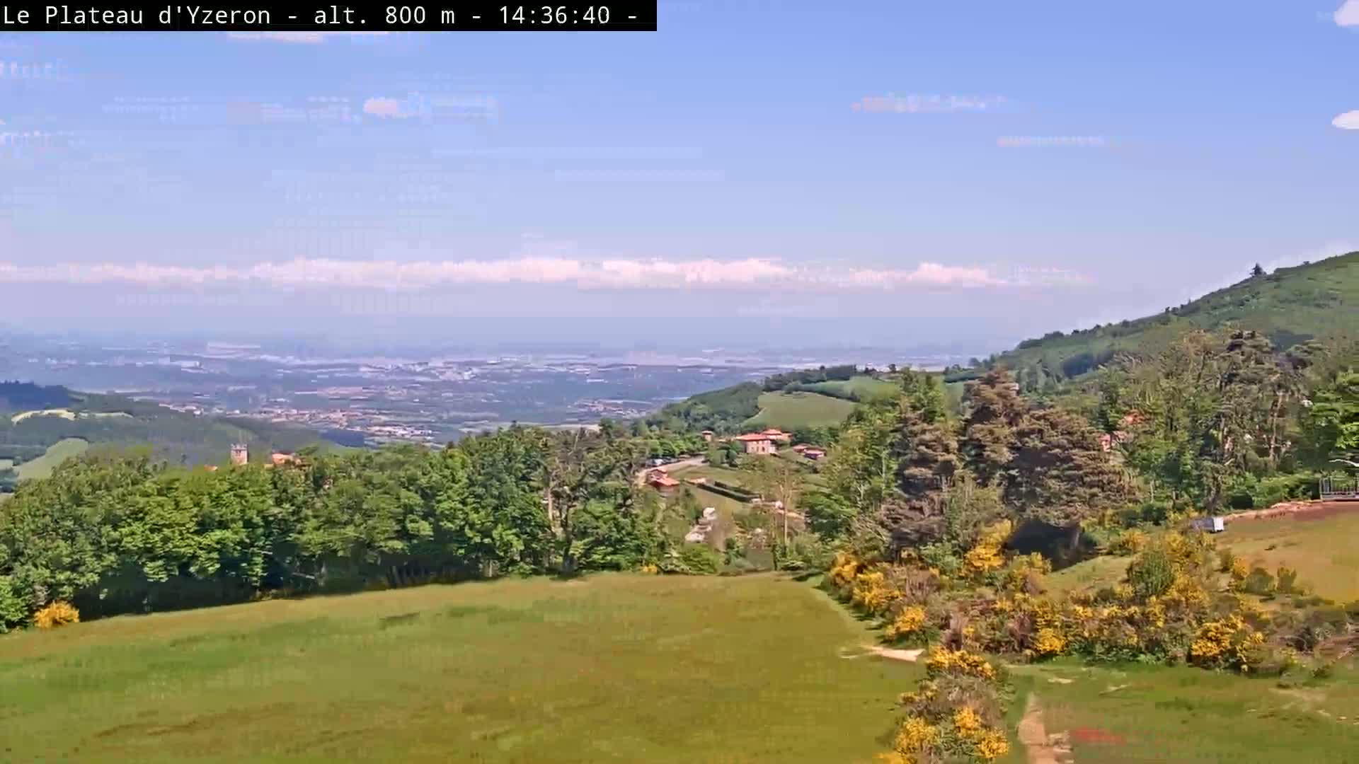 A sprawling green hillside dotted with trees and buildings overlooks a distant valley and a body of water under a mostly clear, bright sky.
