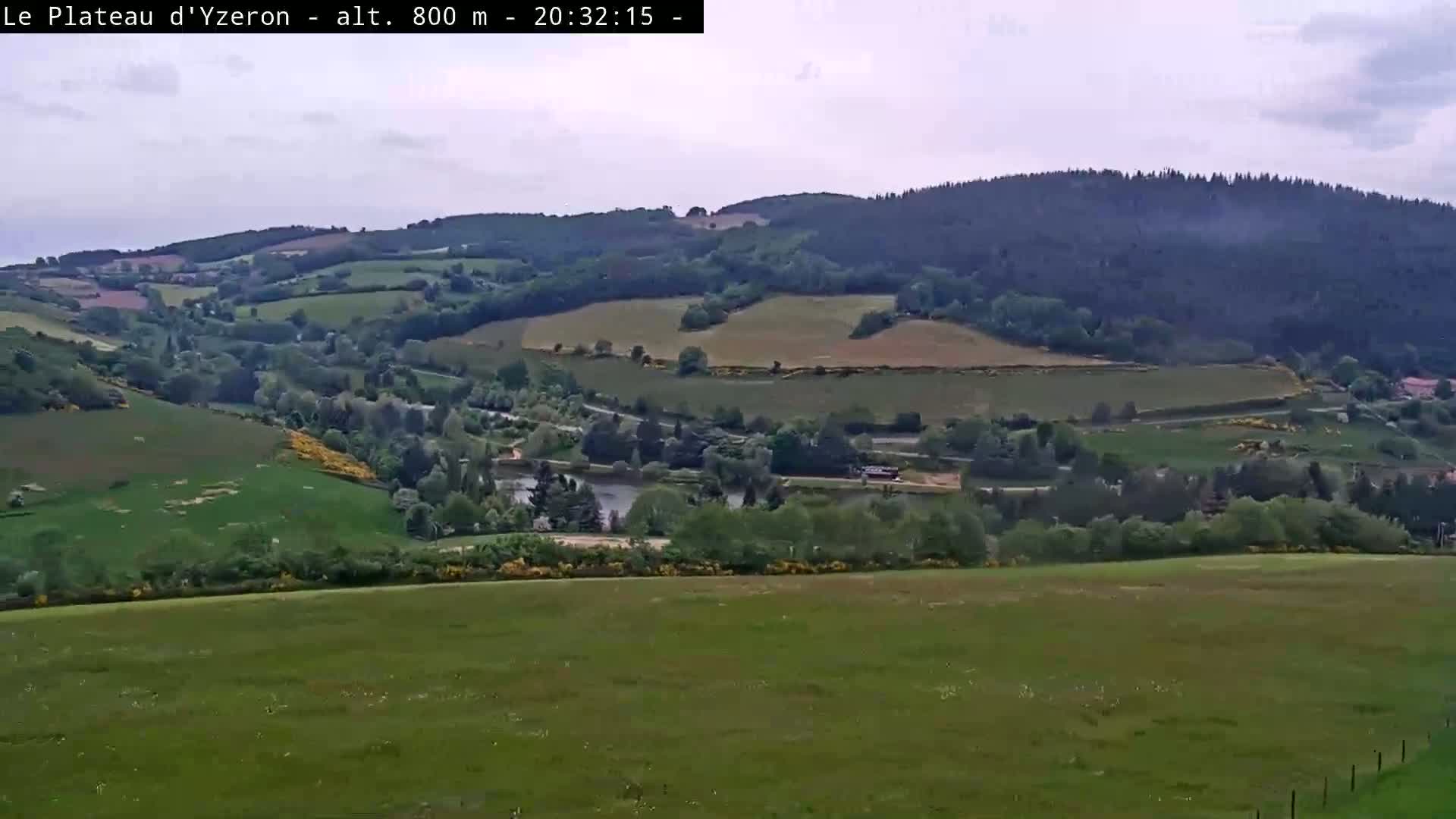 A verdant valley with rolling hills, farmland, a small lake, and a forest in the background under an overcast sky.