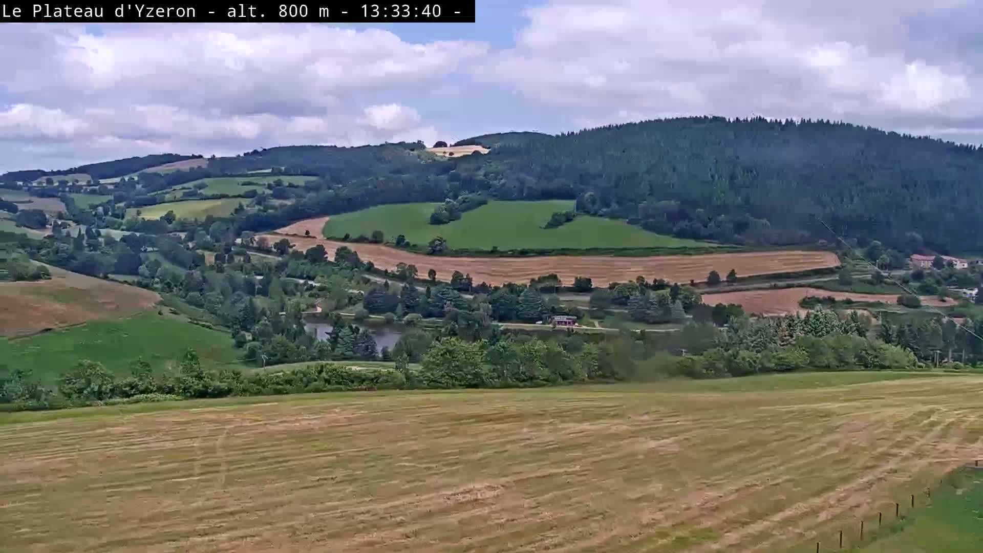 A partly cloudy day reveals a sprawling landscape of rolling green hills, fields, and a small body of water, all nestled beneath a dark green forest-covered mountain.