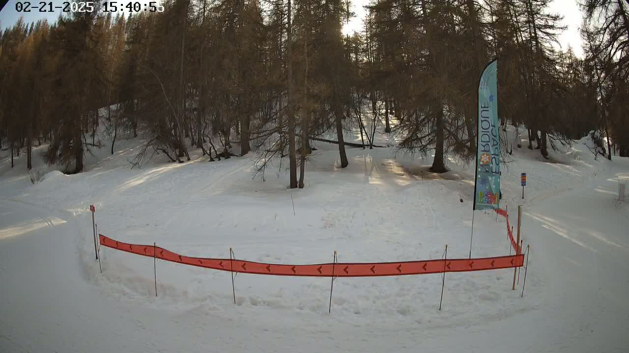 A snowy, sunlit area in a forest with a red barrier and a tall, thin banner.