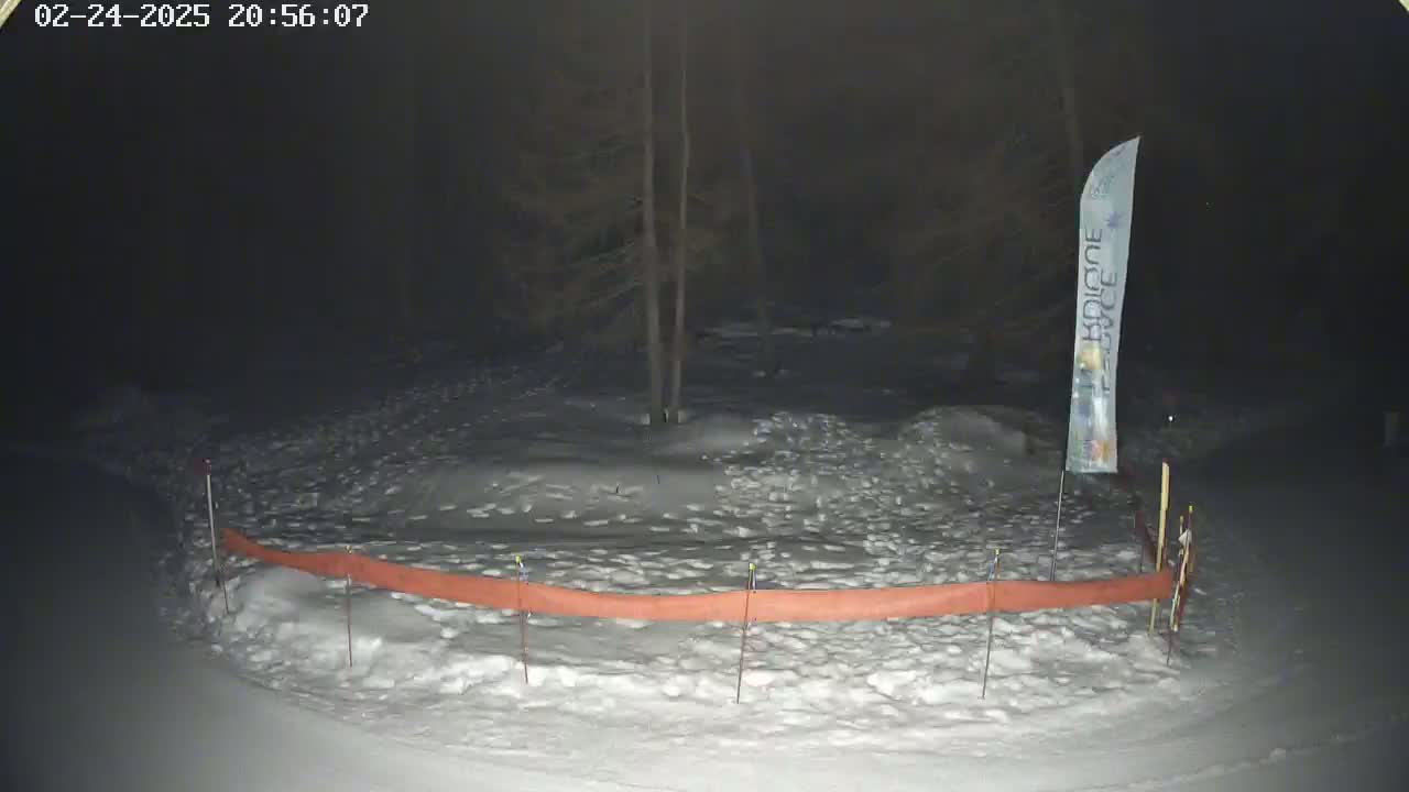 A snow-covered area at night, illuminated by a dim light source, features a low orange barrier and a tall banner near a tree.