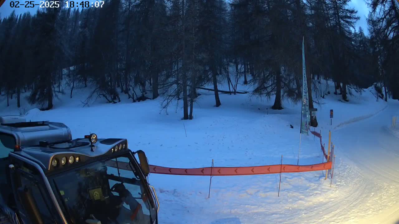 A snowcat is parked near an orange snow barrier in a snow-covered forest at dusk.