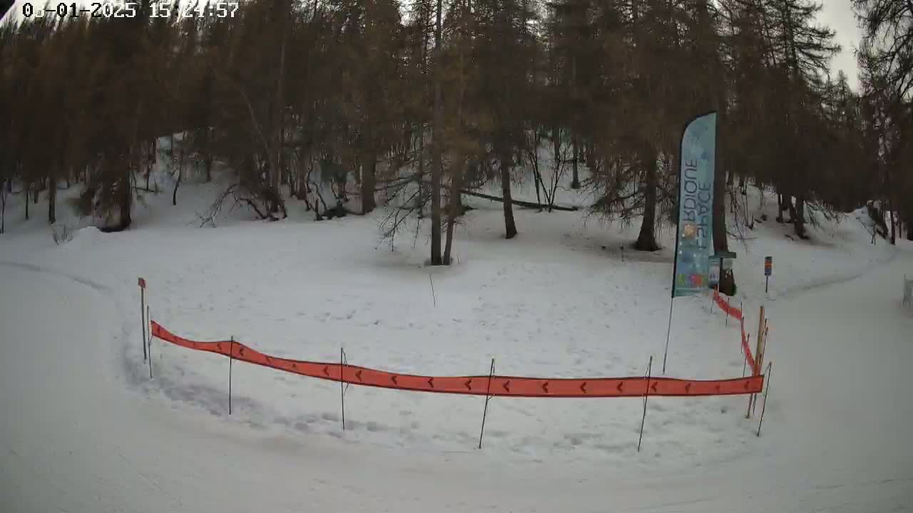 A snowy, wooded area with a long, orange, directional barrier and a tall, vertical banner.