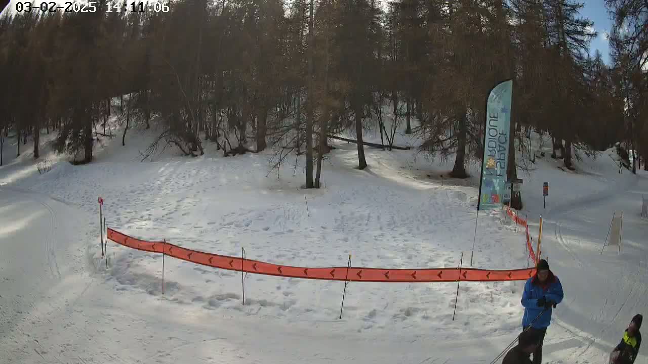 A snowy, sunny area with a forest in the background, a person standing near an orange snow barrier, and another person partially visible in the lower right corner.