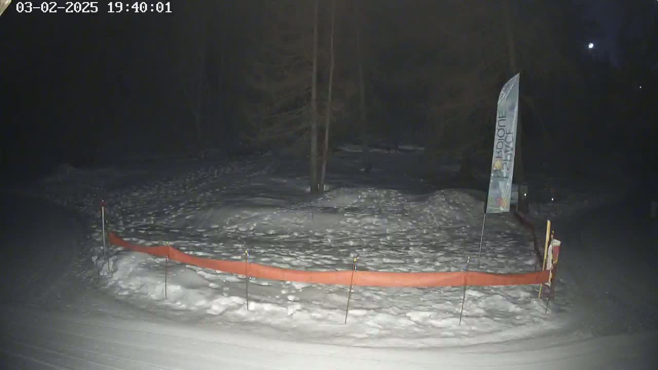 A snow-covered area at night, illuminated by moonlight, features a low orange barrier and a tall vertical banner near a stand of dark trees.