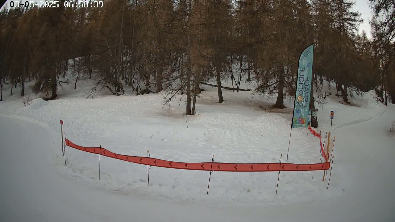 A snow-covered area with a red and orange directional barrier in front of a stand of leafless trees under a cloudy sky.
