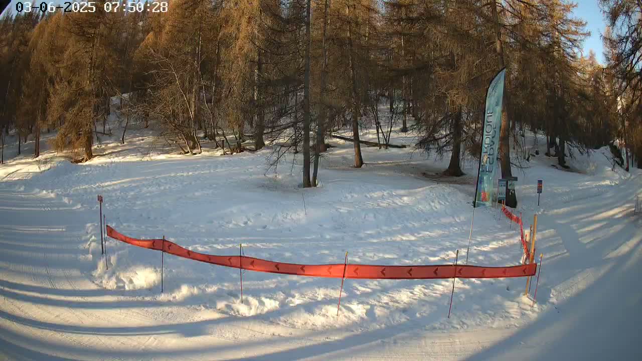 A snowy, sunlit clearing in a forest with a long, red directional barrier and a tall, vertical banner.