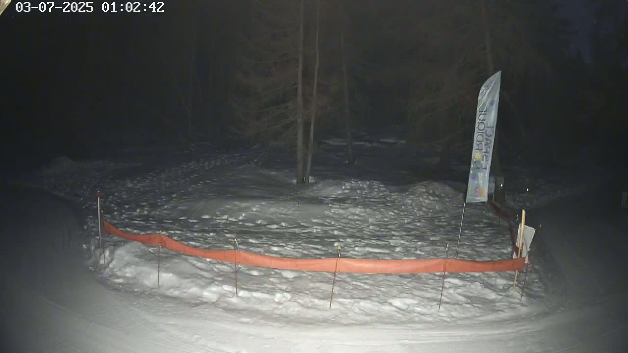 A snow-covered area at night, partially enclosed by a low orange barrier, is surrounded by dark trees.
