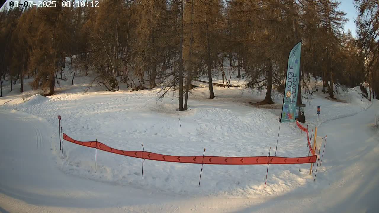 A snow-covered area with a forest in the background, featuring a long, red directional barrier and a tall, thin banner near a path.