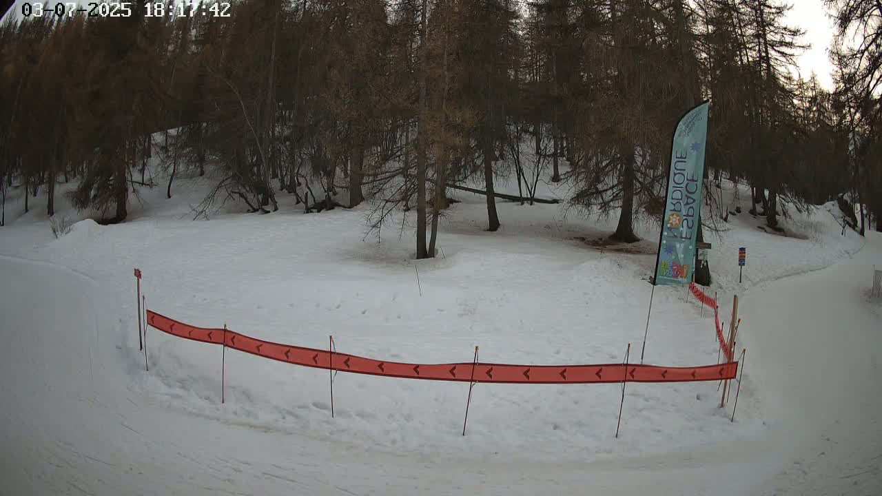 A snow-covered area with a forest in the background, a red directional barrier in the foreground, and a tall, thin sign.