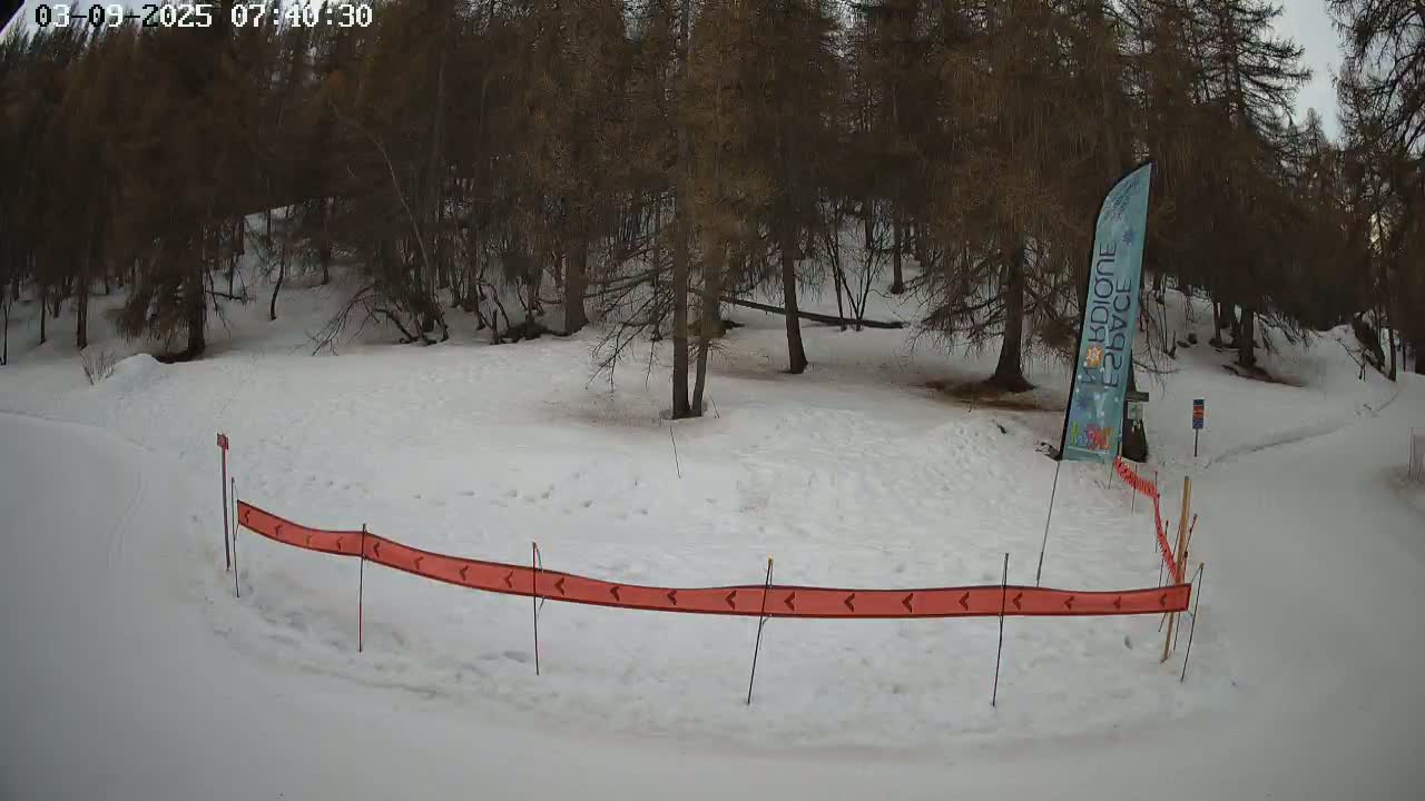 A snow-covered area with leafless trees in the background, a long orange directional barrier, and a tall banner near a slight incline.